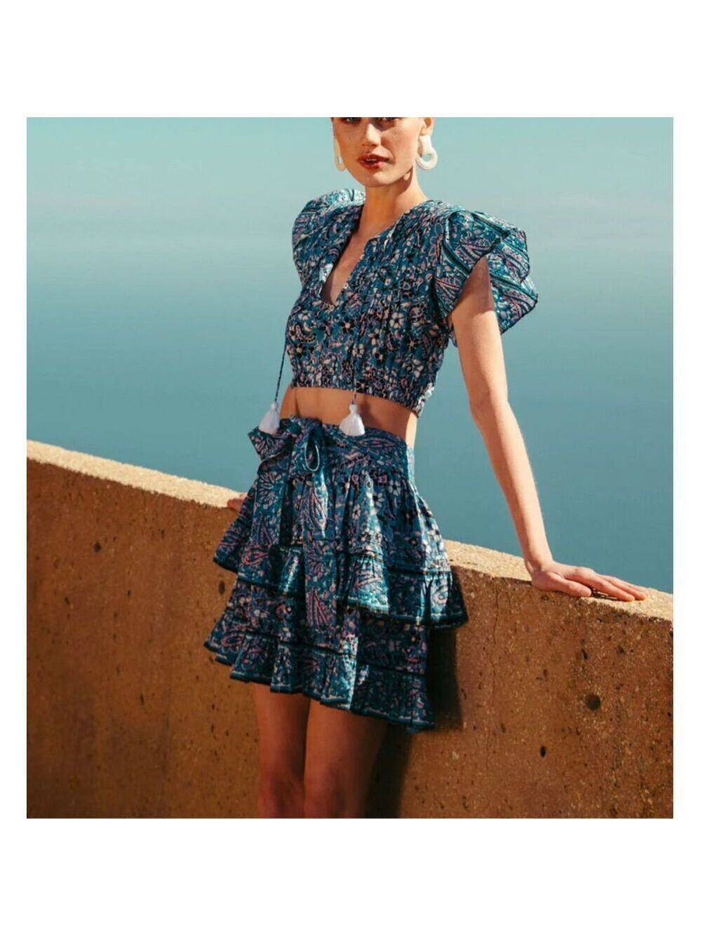 NWT Cleobella Paisley Tie Waist Ruffle Tiered Sadie Mini Skirt Blue Size Large